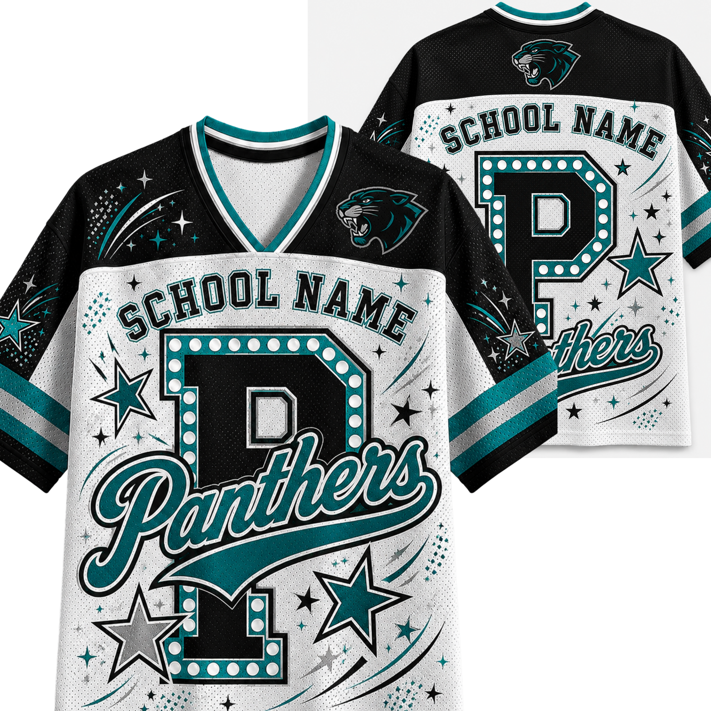 A custom Panthers sports jersey shown from both front and back. The jersey features a black and white mesh pattern with teal and gray graphic accents, including a large letter 'P' with marquee lights, the word 'Panthers' in teal script, and placeholder text 'SCHOOL NAME'.