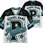 A custom Panthers sports jersey shown from both front and back. The jersey features a black and white mesh pattern with teal and gray graphic accents, including a large letter 'P' with marquee lights, the word 'Panthers' in teal script, and placeholder text 'SCHOOL NAME'.