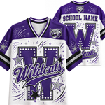 Customizable purple and white football jersey shown from both front and back views. Features a large 'W' with stars and 'Wildcats' script on the front, and 'SCHOOL NAME' with a large 'W' on the back.