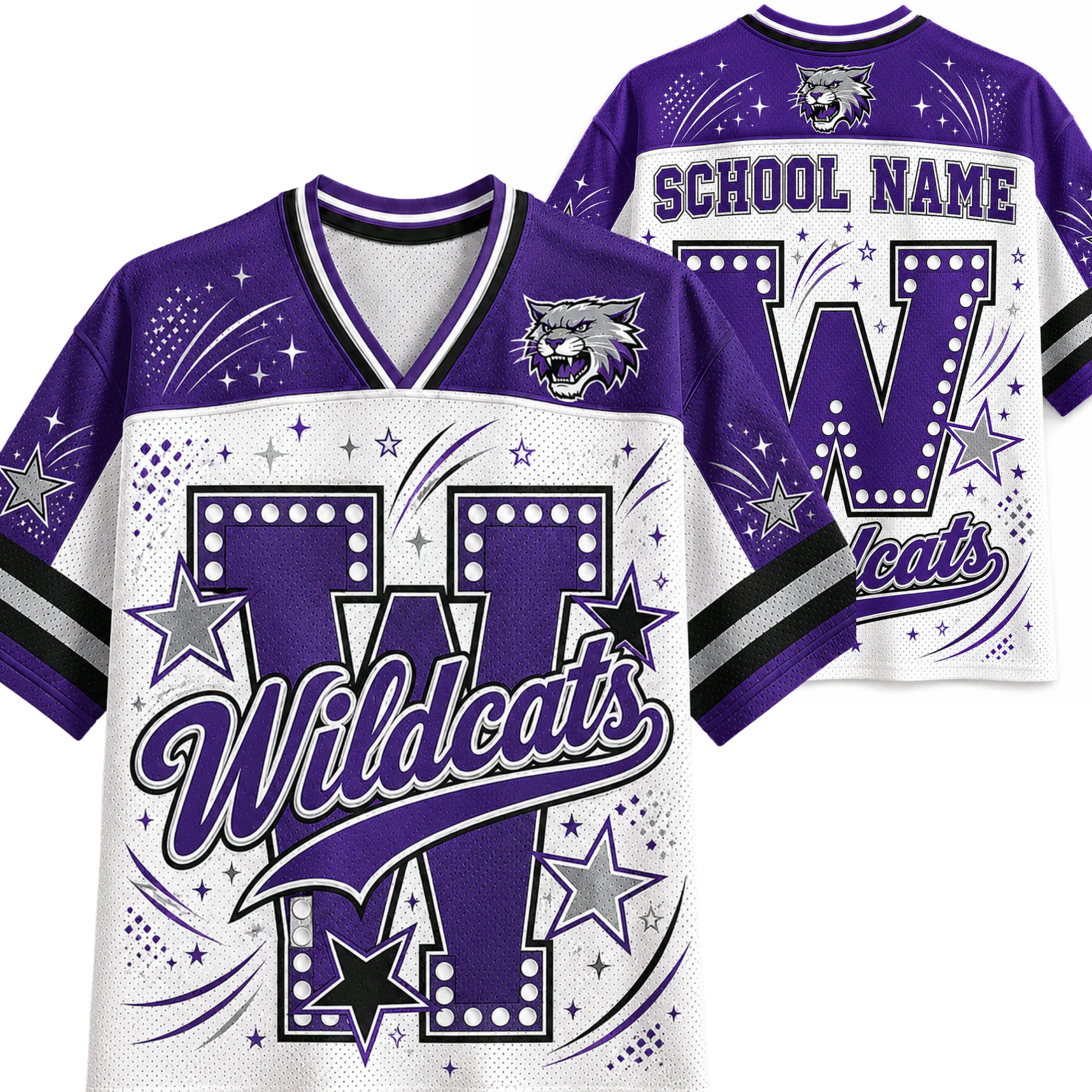 Customizable purple and white football jersey shown from both front and back views. Features a large 'W' with stars and 'Wildcats' script on the front, and 'SCHOOL NAME' with a large 'W' on the back.