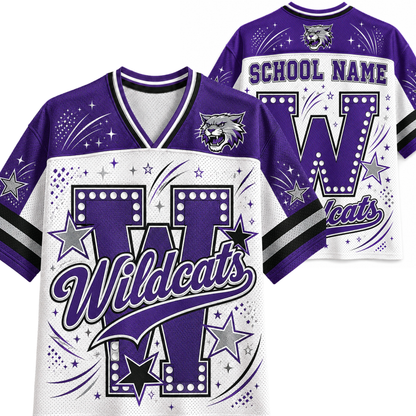 Customizable purple and white football jersey shown from both front and back views. Features a large 'W' with stars and 'Wildcats' script on the front, and 'SCHOOL NAME' with a large 'W' on the back.