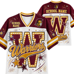 Front and back views of a customizable maroon and white basketball jersey with gold accents, featuring 'TAT Warriors' in maroon and gold with star details, and placeholder text for school name and player name.