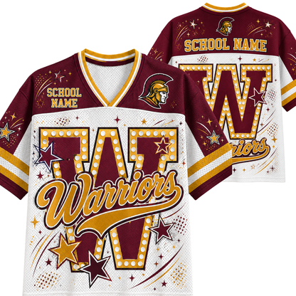 Front and back views of a customizable maroon and white basketball jersey with gold accents, featuring 'TAT Warriors' in maroon and gold with star details, and placeholder text for school name and player name.