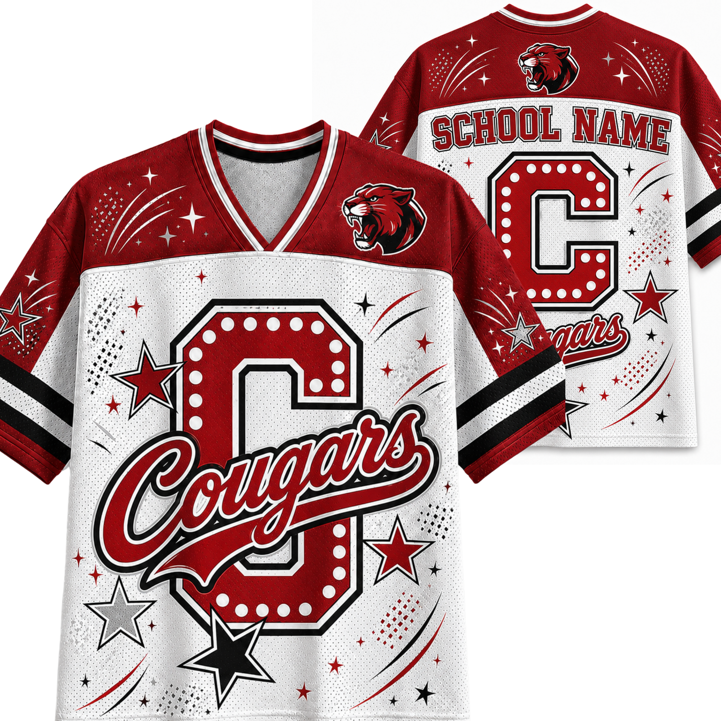 Customizable cougar-themed athletic jersey shown from both front and back. The jersey features a white body with red shoulders, sleeves, and graphics, including a large marquee-style letter 'C' with 'Cougars' script, stars, stripes, and placeholder text 'SCHOOL NAME' on the back.