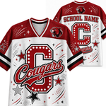 Customizable cougar-themed athletic jersey shown from both front and back. The jersey features a white body with red shoulders, sleeves, and graphics, including a large marquee-style letter 'C' with 'Cougars' script, stars, stripes, and placeholder text 'SCHOOL NAME' on the back.