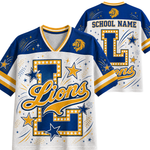 Custom sports jersey shown from the front and back, featuring a white mesh body with royal blue sleeves and collar, decorated with yellow and blue stars, dots, and a large outlined 'L' with 'Lions' script across the front. The back shows 'SCHOOL NAME' above a large 'L' and a lion head graphic.