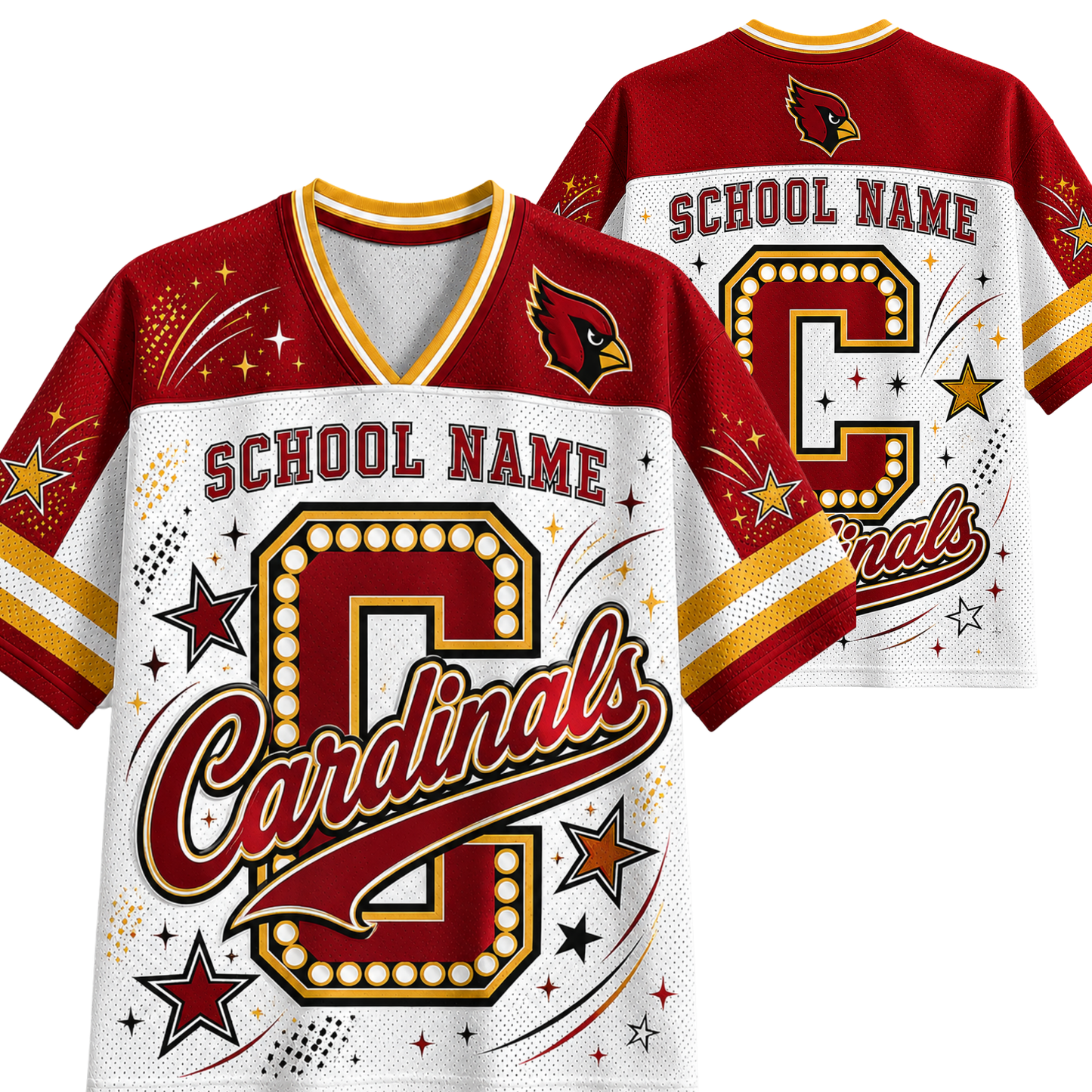Customizable Cardinals sports jersey shown in front and back views. The jersey features a maroon red and white color scheme with yellow accents, a large customizable 'C' with marquee lights, 'SCHOOL NAME' text, and a cardinal logo.