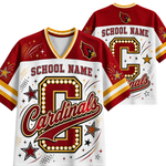 Customizable Cardinals sports jersey shown in front and back views. The jersey features a maroon red and white color scheme with yellow accents, a large customizable 'C' with marquee lights, 'SCHOOL NAME' text, and a cardinal logo.