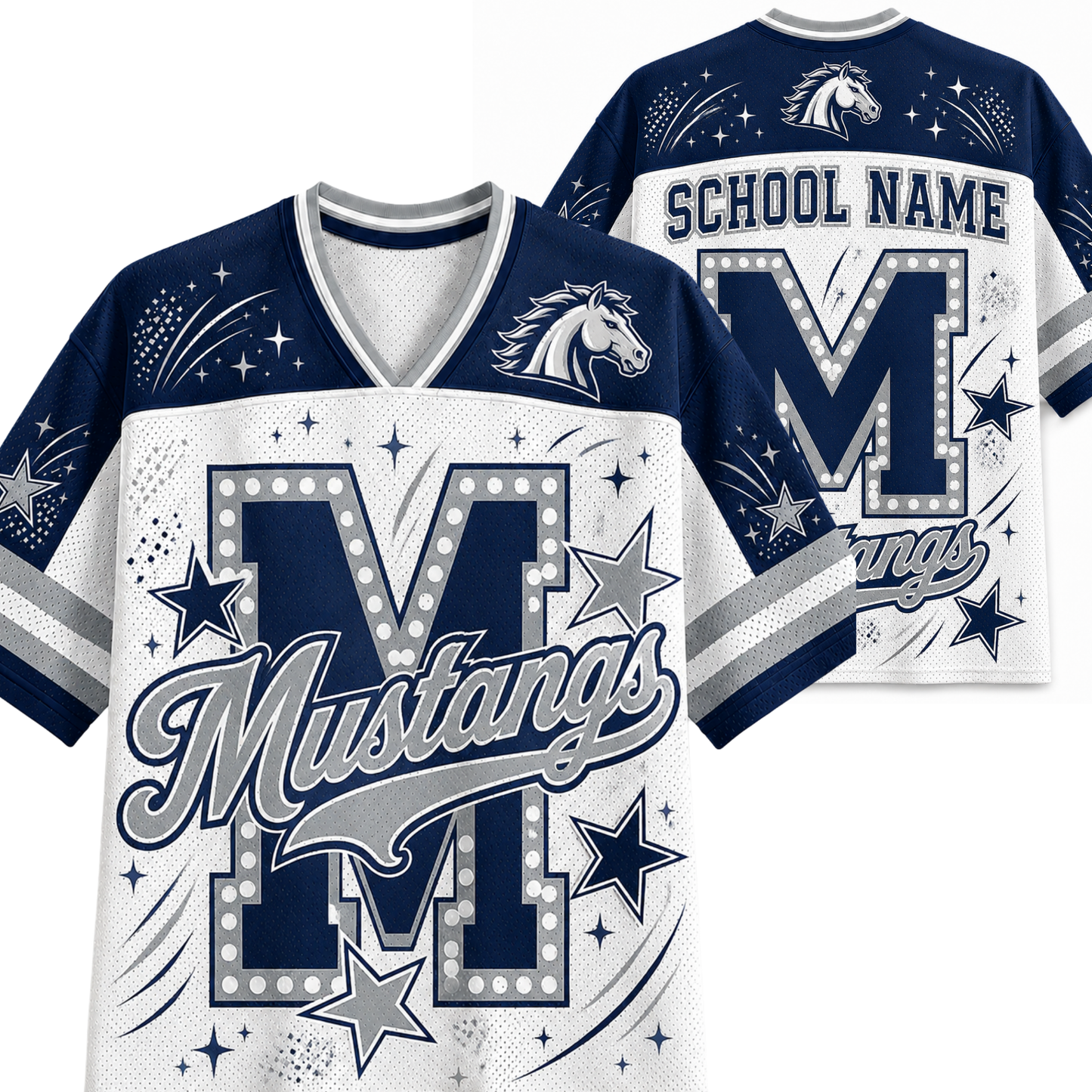 Custom Mustangs football jersey shown from the front and back, featuring a navy blue and white design with a large letter 'M', stars, stripes, and 'Mustangs' script on a white background.