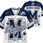 Custom Mustangs football jersey shown from the front and back, featuring a navy blue and white design with a large letter 'M', stars, stripes, and 'Mustangs' script on a white background.