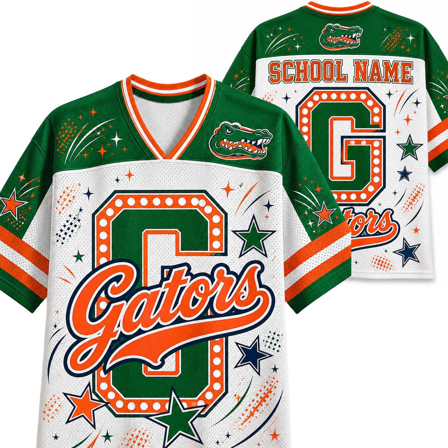 Custom Florida Gators themed sports jersey shown from both front and back views. The jersey features green and white as the primary colors with orange accents, including a large customizable letter 'G' outlined in dots, 'Gators' script across the front, and 'SCHOOL NAME' on the back.