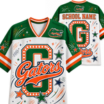 Custom Florida Gators themed sports jersey shown from both front and back views. The jersey features green and white as the primary colors with orange accents, including a large customizable letter 'G' outlined in dots, 'Gators' script across the front, and 'SCHOOL NAME' on the back.