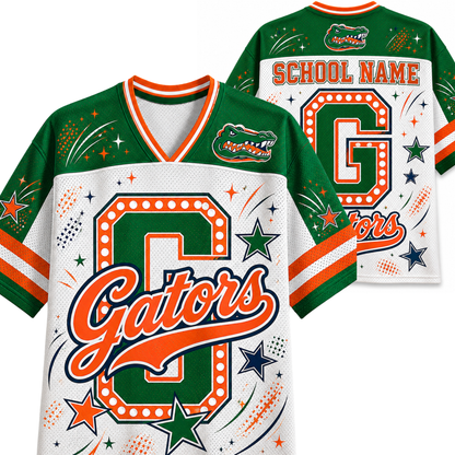 Custom Florida Gators themed sports jersey shown from both front and back views. The jersey features green and white as the primary colors with orange accents, including a large customizable letter 'G' outlined in dots, 'Gators' script across the front, and 'SCHOOL NAME' on the back.