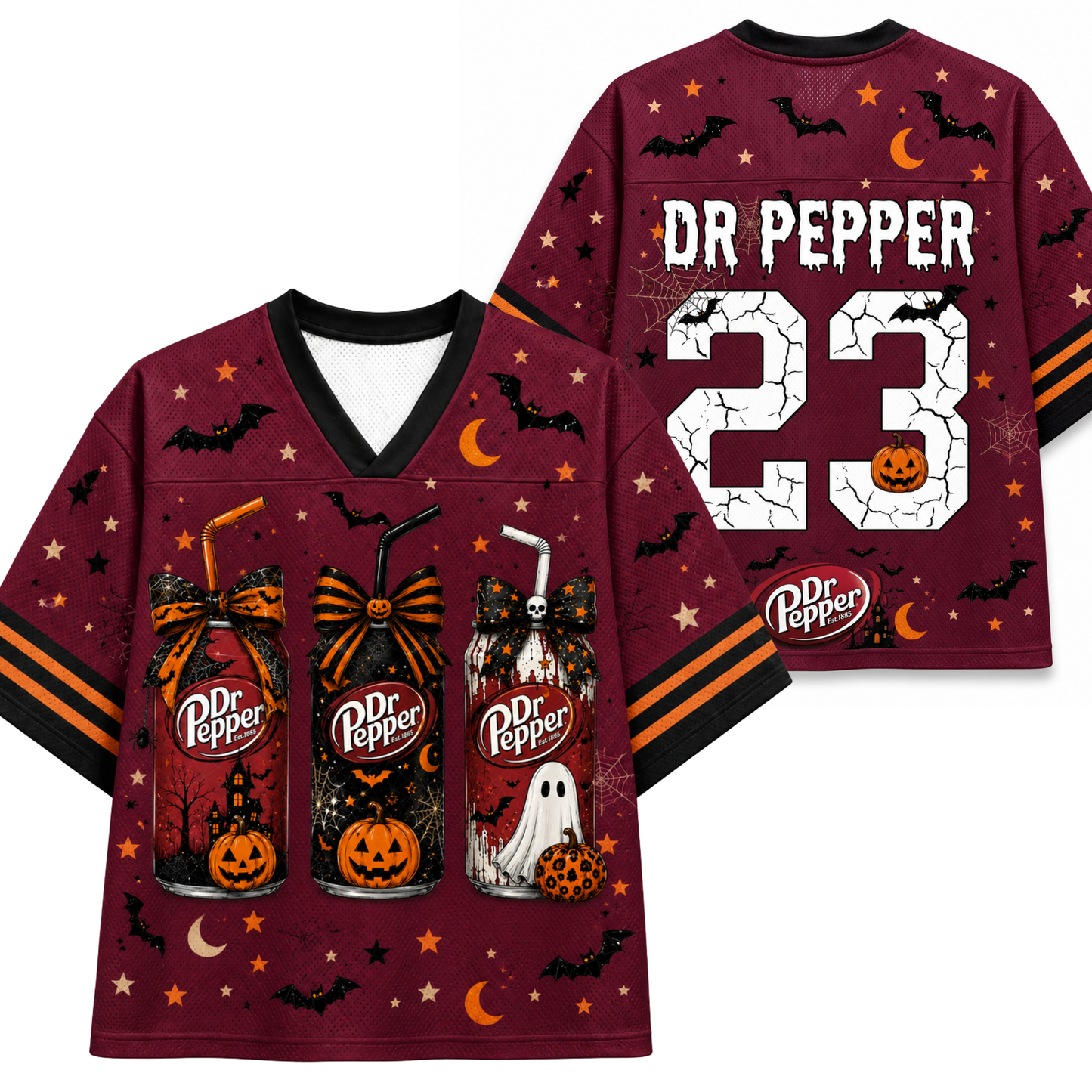 Front and back mockup preview of the maroon Chaotic Club Dr Pepper Halloween jersey featuring spooky soda cans with bows and number 23.