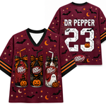 Front and back mockup preview of the maroon Chaotic Club Dr Pepper Halloween jersey featuring spooky soda cans with bows and number 23.