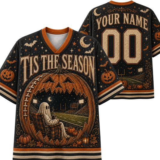 Front and back view mockup of the black and orange Chaotic Club Halloween jersey featuring a ghost watching a stadium game inside a pumpkin, custom name, and number 00.