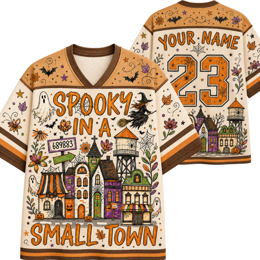 Front and back view mockup of the cream and brown Chaotic Club Halloween jersey featuring spooky small town houses, flying witch, custom name, and spiderweb number 23.