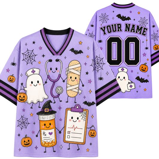 A purple V-neck Halloween-themed sports jersey shown from the front and back. The jersey features cartoon illustrations of a ghost nurse, a bandage, a potion bottle, a clipboard, a bat, spiders, and pumpkins, along with black and purple striped sleeve accents.