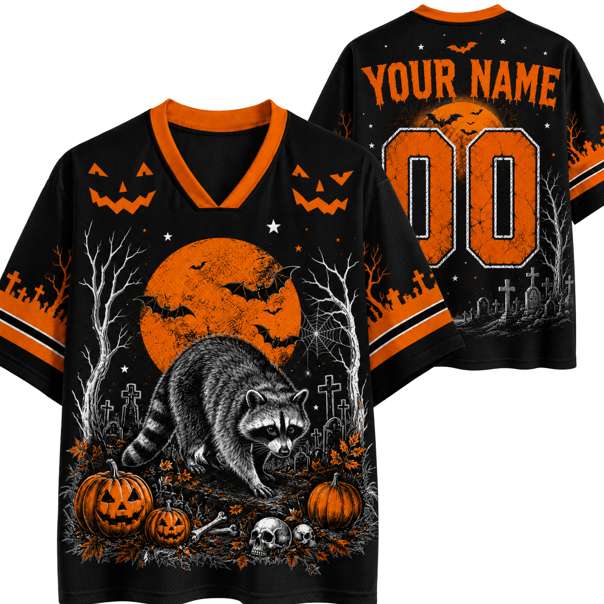 Black and orange Halloween-themed short-sleeve V-neck shirt shown from the front and back. The front features a large raccoon, pumpkins, skulls, bats, and a full moon graphic.