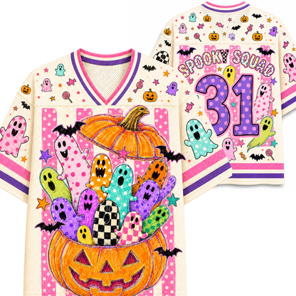 Front and back view mockup of the cream and pink Chaotic Club Halloween jersey featuring colorful ghosts popping out of a giant pumpkin, Spooky Squad text, and number 31.