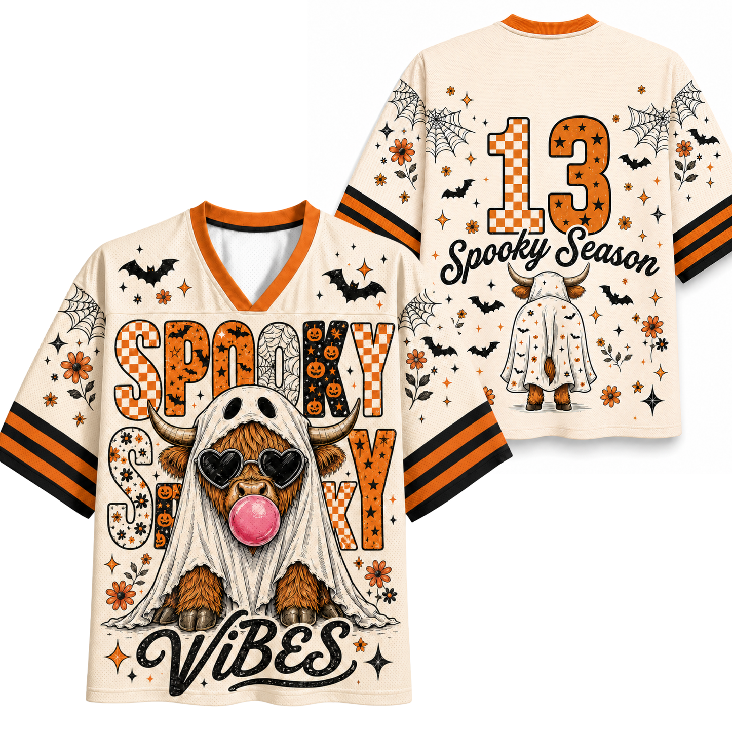 A Halloween-themed short-sleeve V-neck t-shirt shown from both front and back on a plain white background. The shirt has orange and black striped sleeves, a cream base, and a graphic of a cow in a ghost costume with a pink bubblegum mouth.