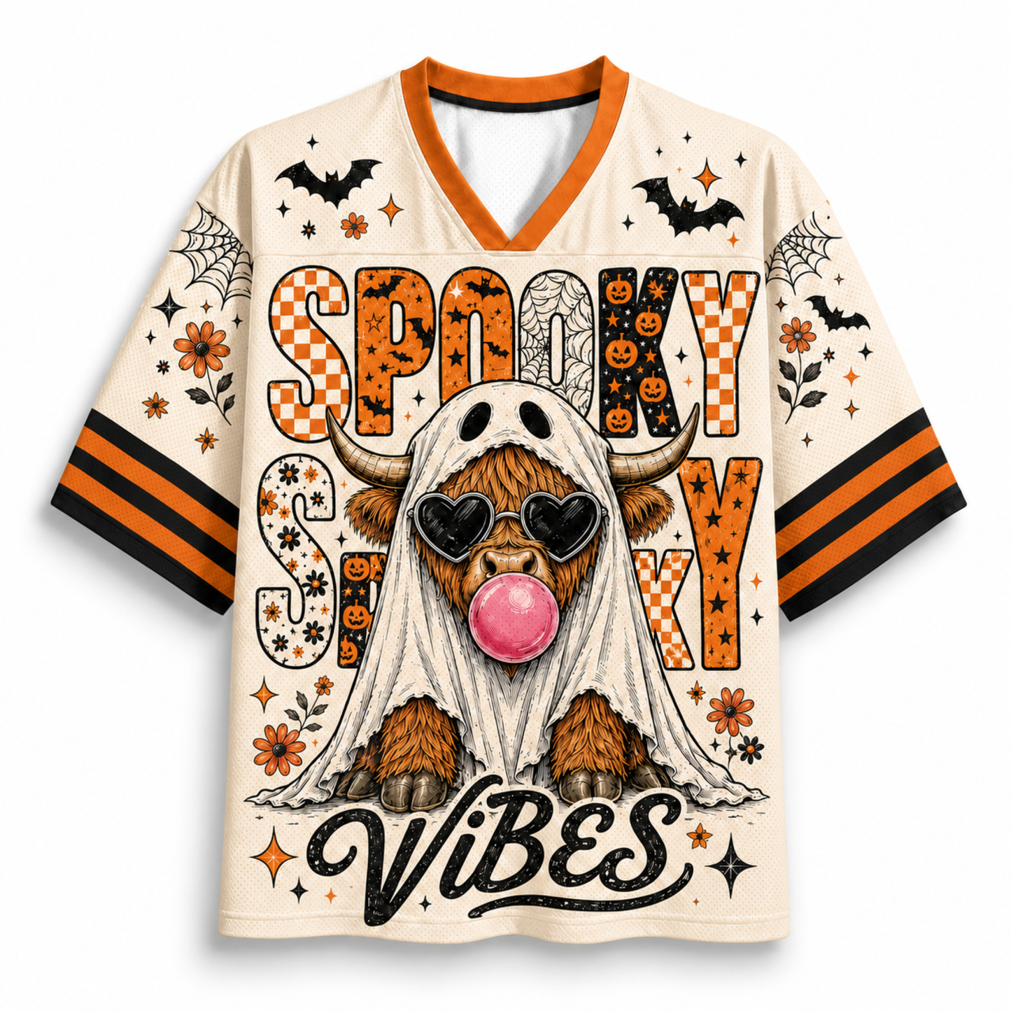 A short-sleeve V-neck jersey-style shirt with a Halloween graphic print. The cream-colored shirt features orange and black striped sleeves, a white ghost graphic, bats, spiders, and stars, and the text 'Spooky Sexy Vibes' with a cartoon highland cow wearing heart-shaped sunglasses and a pink bubblegum bubble.