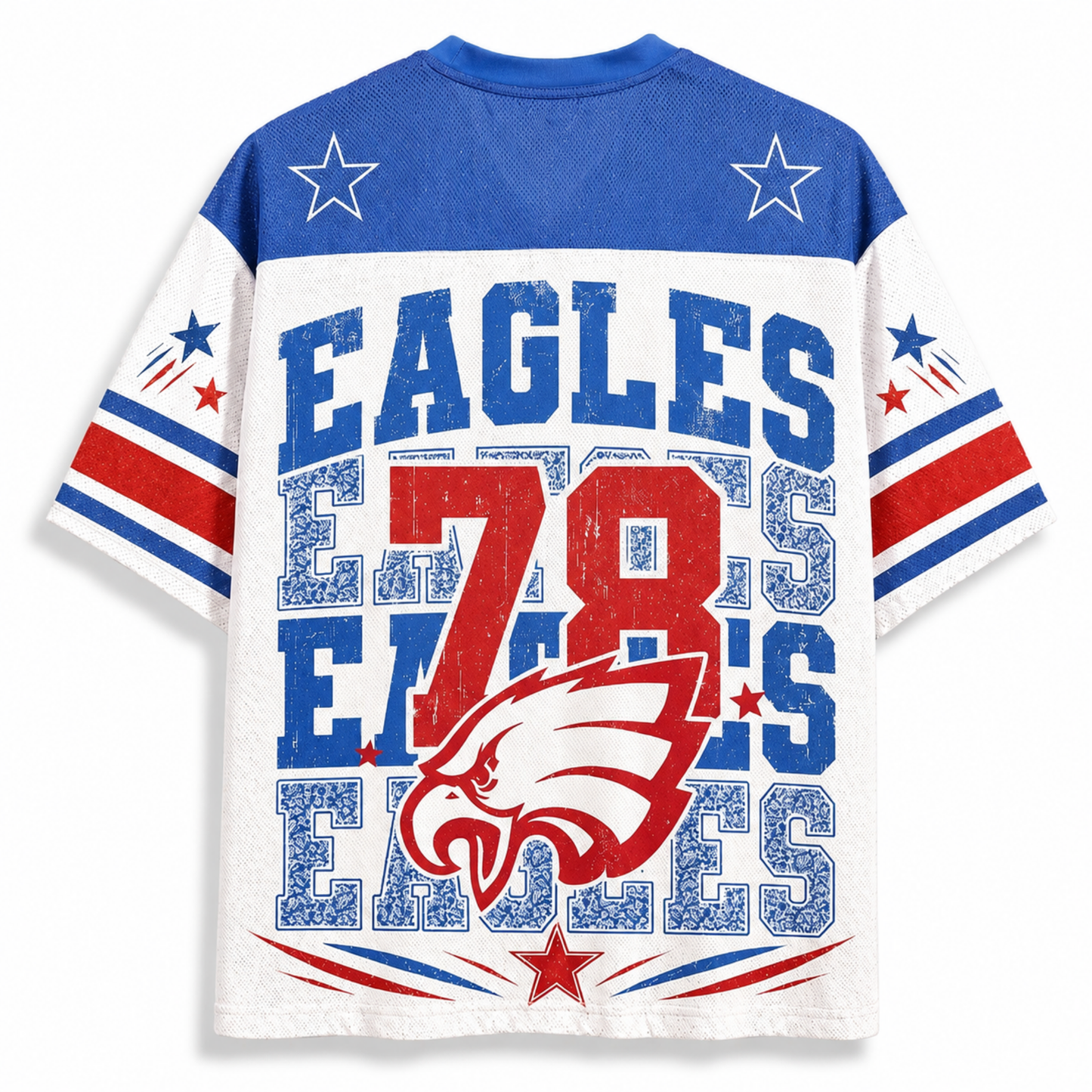 A Philadelphia Eagles themed short-sleeve t-shirt shown from the back, featuring a white body with blue shoulders and sleeves, red and blue stripes, and large distressed text reading 'EAGLES EAGLES 78' with an eagle head logo.
