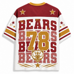 A short-sleeve t-shirt with a distressed sports graphic on the back, featuring 'BEARS 78 BEARS' in red and gold block letters, a roaring bear head, and gold stars on a white, maroon, and gold background.