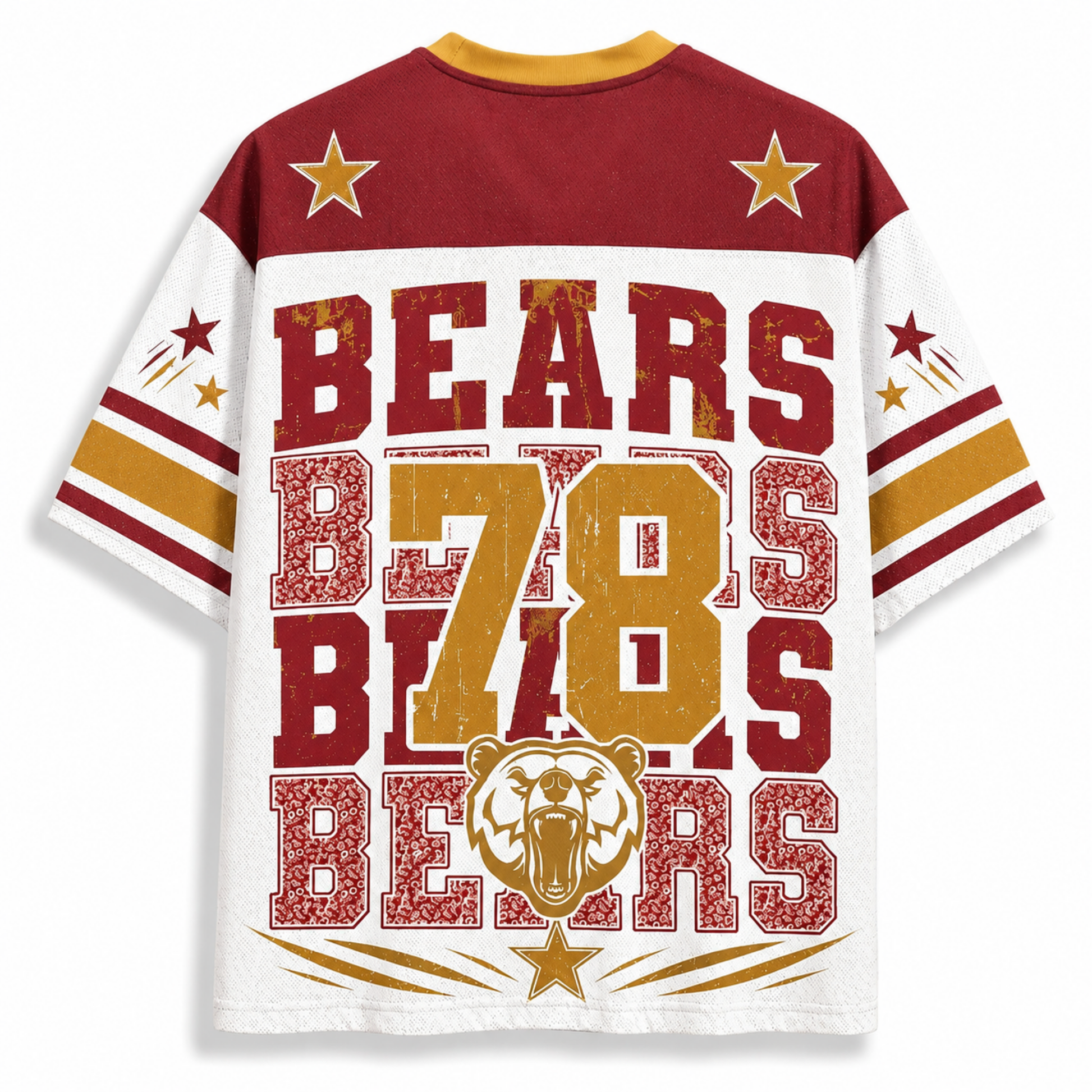 A short-sleeve t-shirt with a distressed sports graphic on the back, featuring 'BEARS 78 BEARS' in red and gold block letters, a roaring bear head, and gold stars on a white, maroon, and gold background.