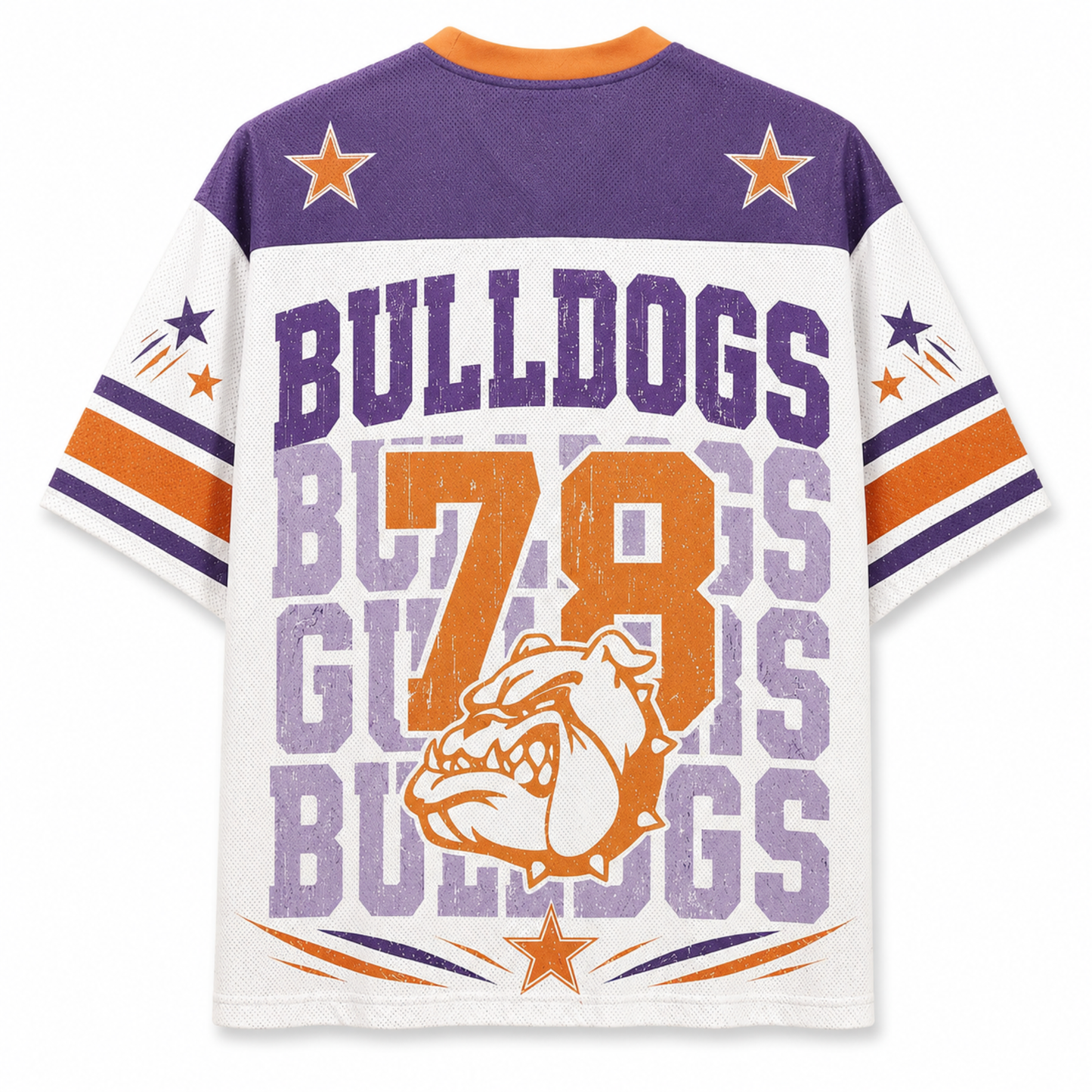 A white short-sleeve athletic-style shirt with purple and orange graphics, shown from the back. The design features 'BULLDOGS' in large purple letters, a large distressed orange '78', a bulldog mascot illustration, and purple and orange stars on the shoulders and sleeves.