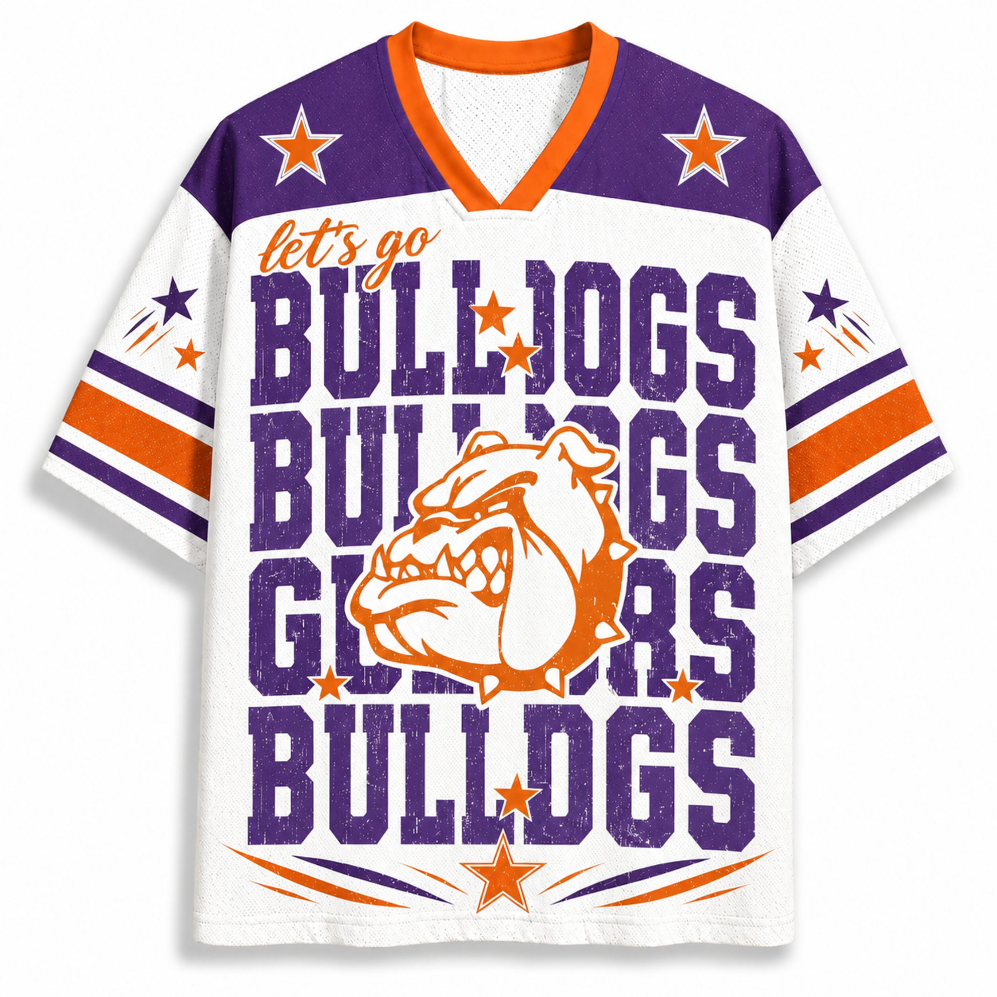 A white short-sleeve V-neck football jersey with purple and orange accents, featuring the text 'let's go BULLDOGS' and a bulldog mascot graphic on the front.