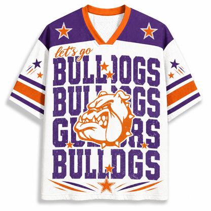 A white short-sleeve V-neck football jersey with purple and orange accents, featuring the text 'let's go BULLDOGS' and a bulldog mascot graphic on the front.