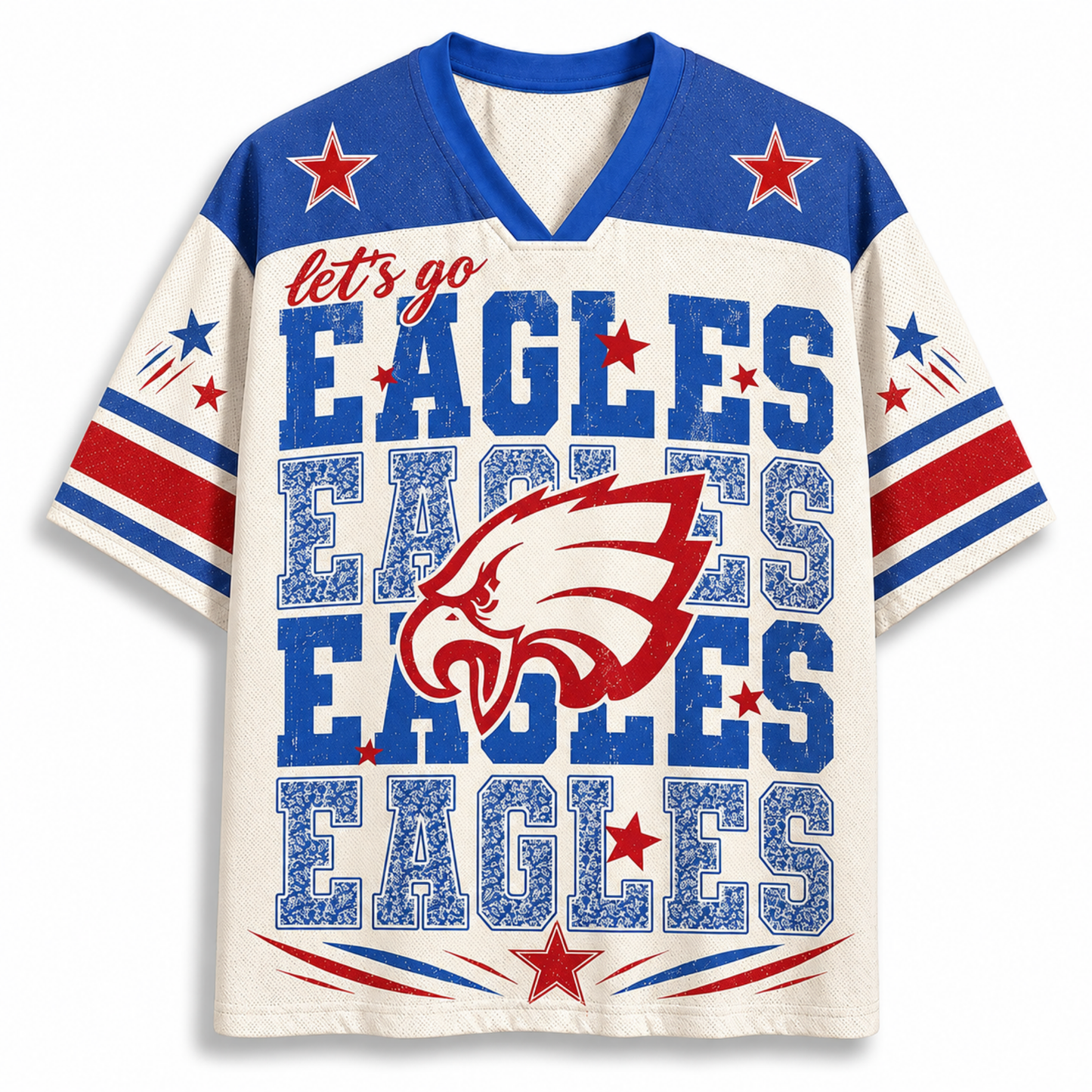 A short-sleeve V-neck t-shirt with a distressed Philadelphia Eagles theme. The shirt features a cream-colored body, blue shoulders and collar, red and blue star accents, and the text 'let's go EAGLES EAGLES EAGLES' along with an eagle head logo on the front.