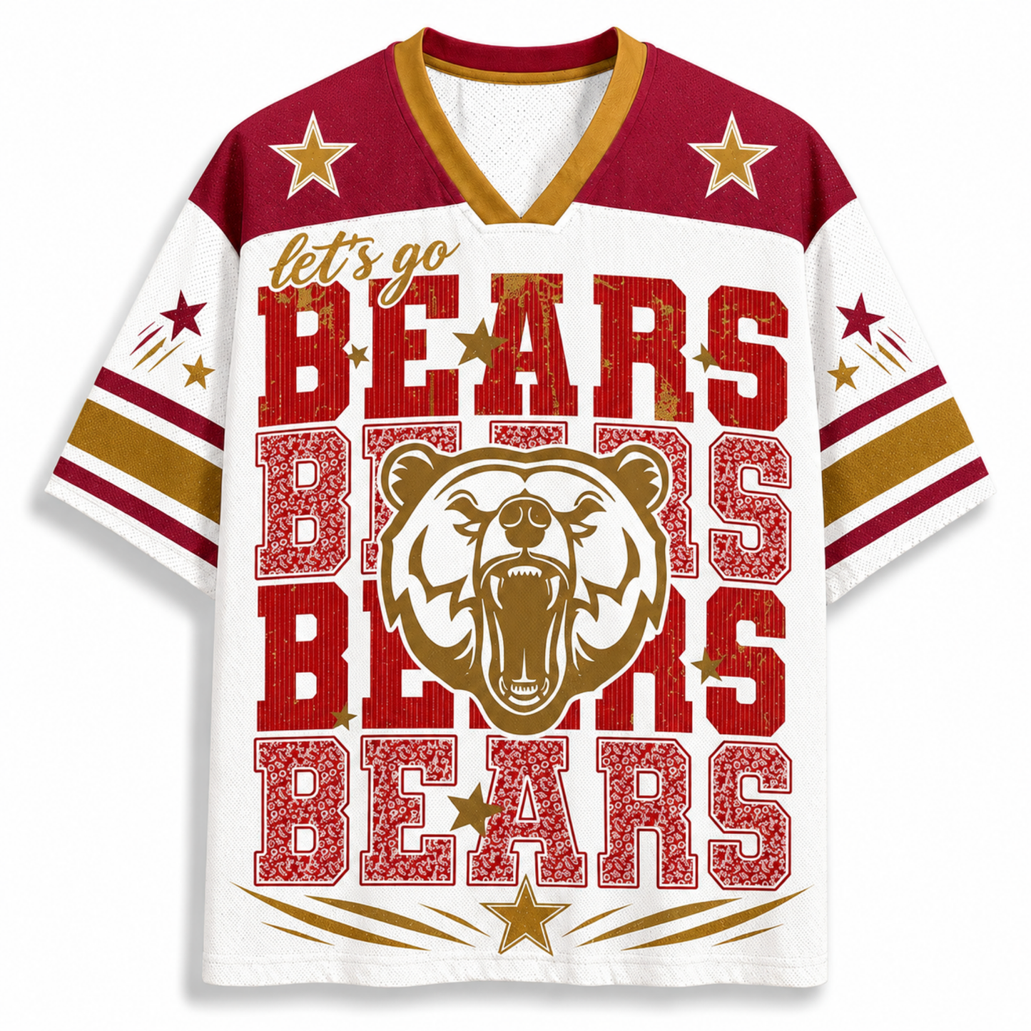 A short-sleeve V-neck jersey-style shirt with a white body, burgundy shoulder panels, and gold trim. The front features large distressed red and gold 'BEARS' lettering, a bear head graphic, stars, and the phrase 'let's go BEARS' across the front.