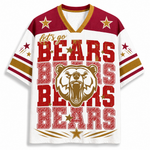 A short-sleeve V-neck jersey-style shirt with a white body, burgundy shoulder panels, and gold trim. The front features large distressed red and gold 'BEARS' lettering, a bear head graphic, stars, and the phrase 'let's go BEARS' across the front.