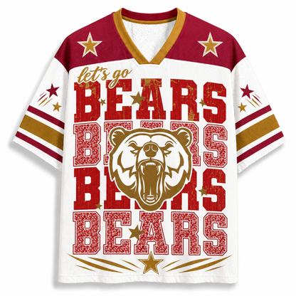 A short-sleeve V-neck jersey-style shirt with a white body, burgundy shoulder panels, and gold trim. The front features large distressed red and gold 'BEARS' lettering, a bear head graphic, stars, and the phrase 'let's go BEARS' across the front.