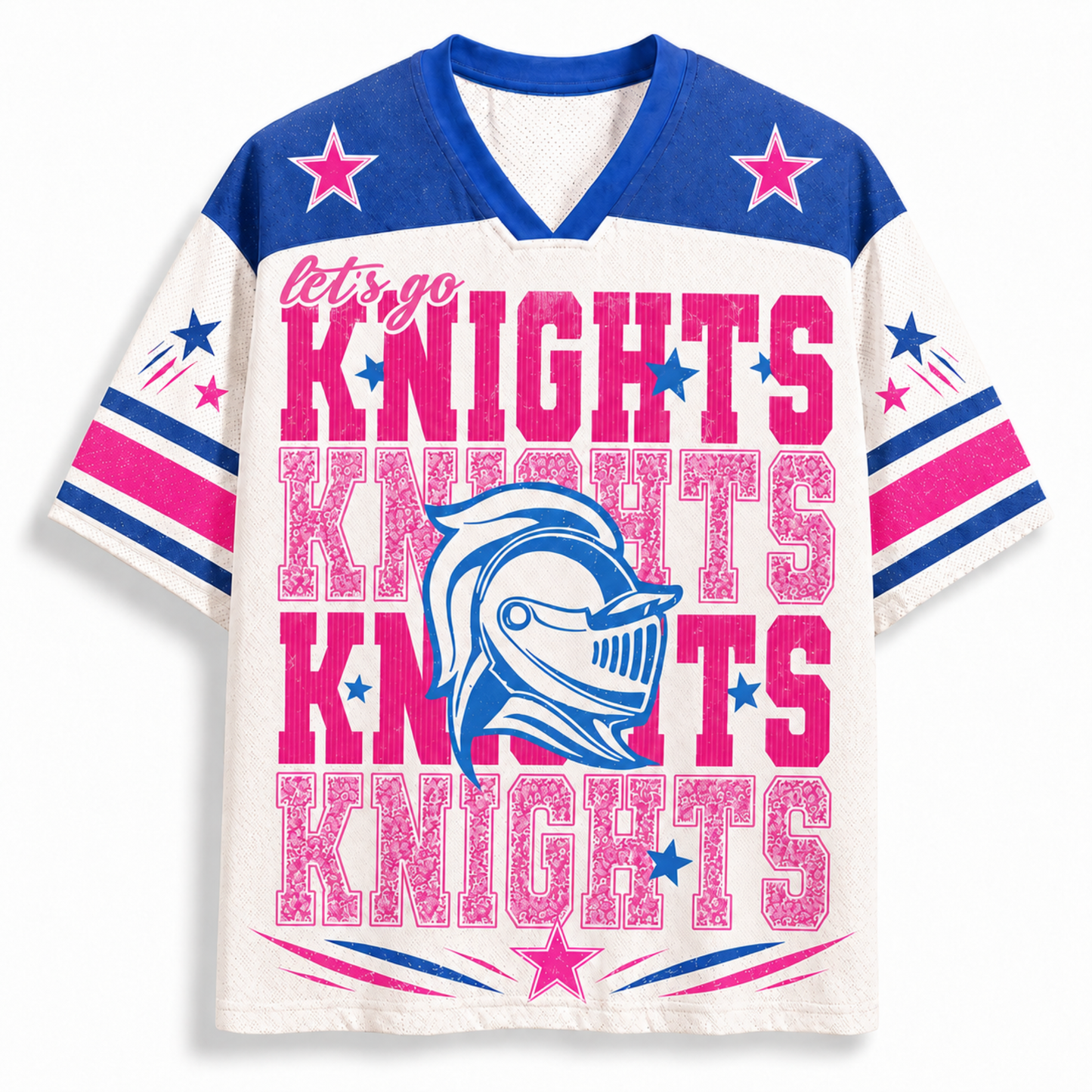 A short-sleeve V-neck athletic jersey with a white body, blue shoulders, and pink and blue graphic text reading 'let's go KNIGHTS KNIGHTS KNIGHTS' with a knight helmet logo and star accents.