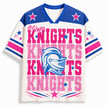 A short-sleeve V-neck athletic jersey with a white body, blue shoulders, and pink and blue graphic text reading 'let's go KNIGHTS KNIGHTS KNIGHTS' with a knight helmet logo and star accents.
