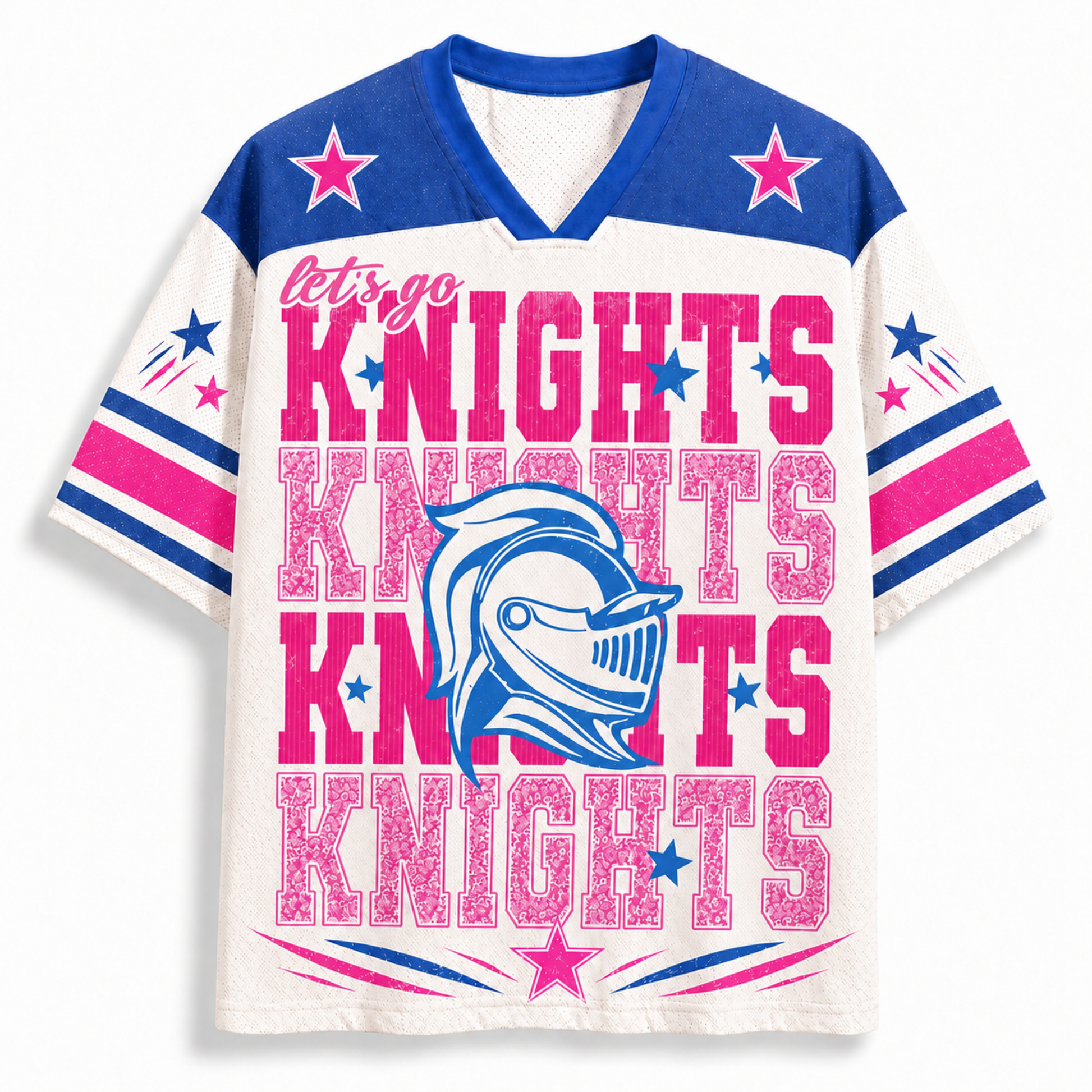 A short-sleeve V-neck athletic jersey with a white body, blue shoulders, and pink and blue graphic text reading 'let's go KNIGHTS KNIGHTS KNIGHTS' with a knight helmet logo and star accents.