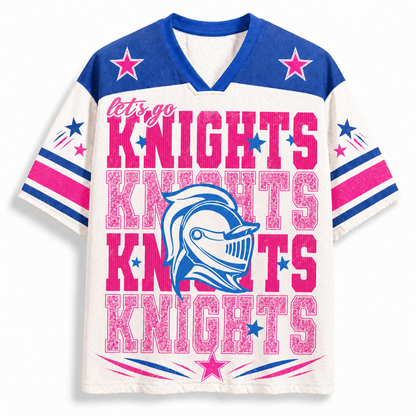 A short-sleeve V-neck athletic jersey with a white body, blue shoulders, and pink and blue graphic text reading 'let's go KNIGHTS KNIGHTS KNIGHTS' with a knight helmet logo and star accents.