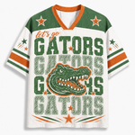 A Florida Gators themed short-sleeve V-neck t-shirt with a distressed green and orange design on a white background.