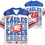 A Philadelphia Eagles themed short-sleeve V-neck jersey shirt shown from both front and back. The shirt features a cream base with royal blue and red graphics, including the team name 'EAGLES', a large eagle head logo on the front, and 'let's go' text on the sleeve.