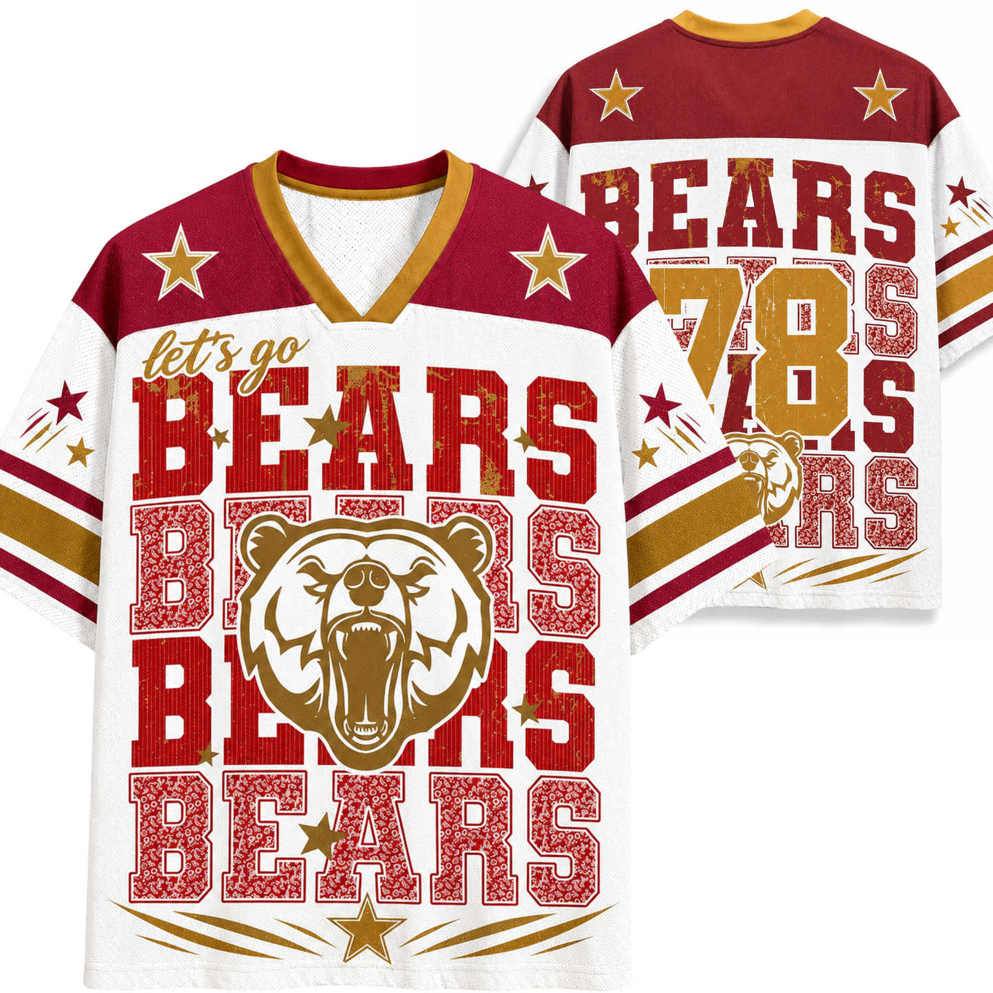 A white V-neck graphic T-shirt shown from the front and back, featuring maroon shoulder panels, gold trim, red and gold 'BEARS' lettering, star motifs, and a large bear head graphic on the front.