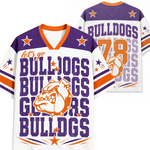 A white, purple, and orange Bulldogs sports jersey shown from both the front and back. The design features a distressed collegiate look with the words 'let's go BULLDOGS', a bulldog mascot graphic, and the number '78' on the back.