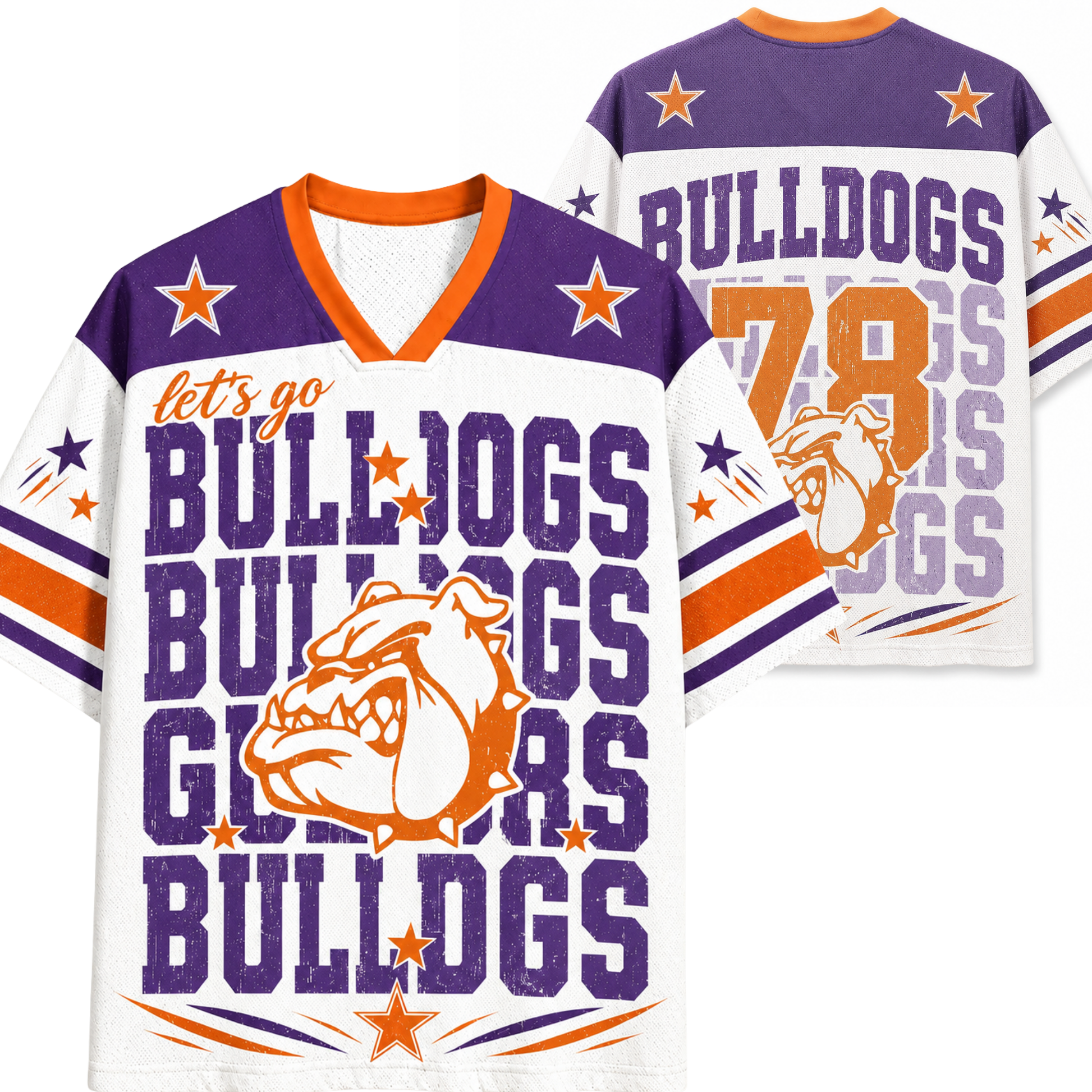 A white, purple, and orange Bulldogs sports jersey shown from both the front and back. The design features a distressed collegiate look with the words 'let's go BULLDOGS', a bulldog mascot graphic, and the number '78' on the back.