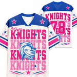 Front and back views of a V-neck football-style jersey with a white base, royal blue shoulders and collar, pink and blue graphic text reading 'let's go KNIGHTS KNIGHTS 78', pink stars, and a blue knight helmet graphic.