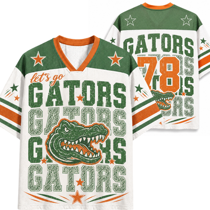 A Florida Gators themed v-neck jersey shown from both front and back. The jersey features green and white panels with orange accents, including a large green alligator graphic on the front, 'let's go GATORS' text, and the number 78 on the back.