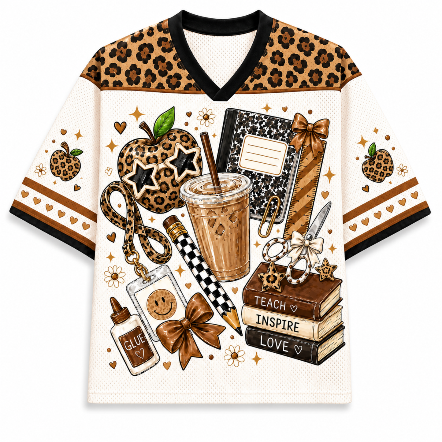 Front view of the cream varsity mesh jersey showcasing stacked school books labeled Teach Inspire Love, a leopard print apple with star glasses, and a cold brew coffee print.