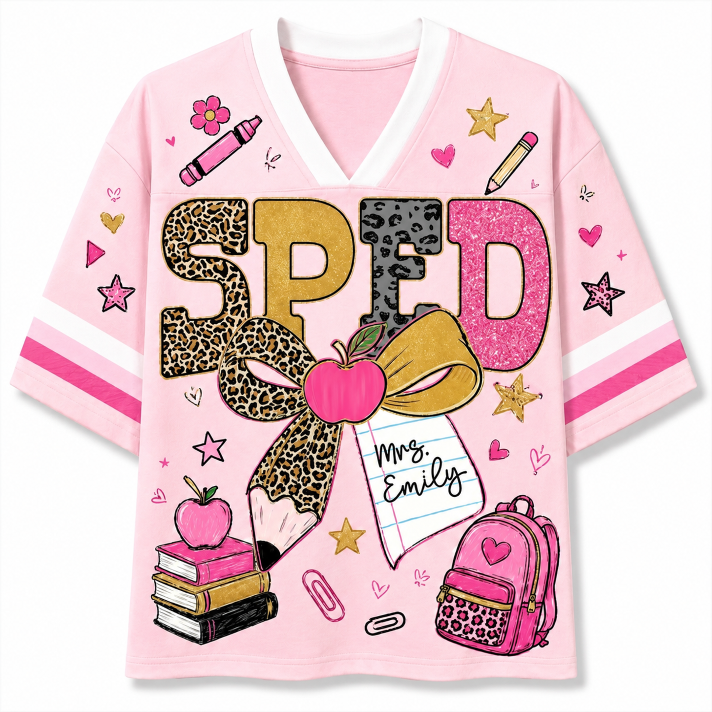 A pink V-neck short-sleeve t-shirt with a school-themed graphic print. The design features the word 'SPED' in leopard print and glitter textures, decorated with a large leopard-print ribbon bow, a pink apple, books, a backpack, stars, and hearts.