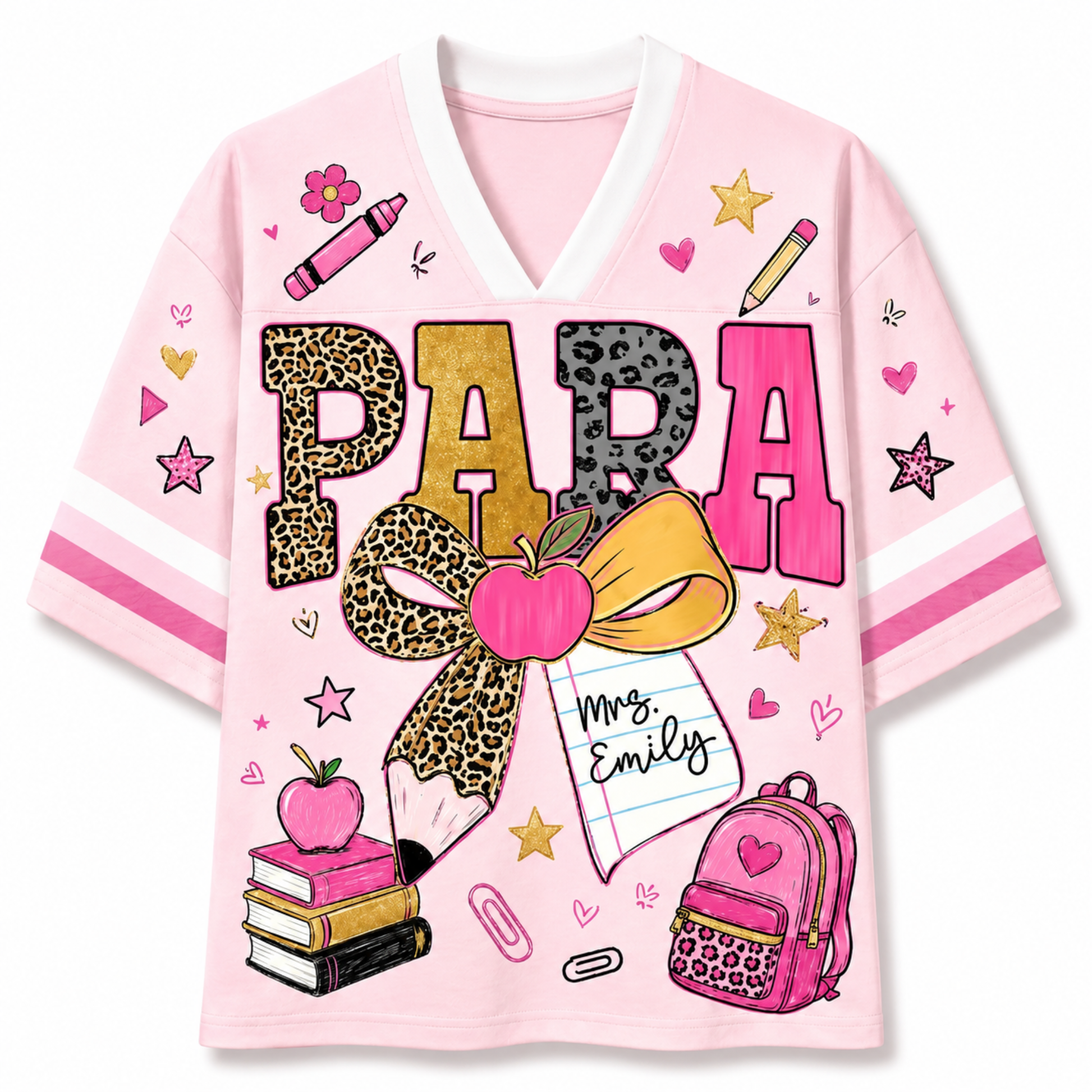 A light pink V-neck t-shirt with a colorful school-themed graphic on the front. The graphic features the word 'PAPA' in leopard-print and pink letters, a large leopard-print bow, a pink apple, a notebook that says 'Mrs.